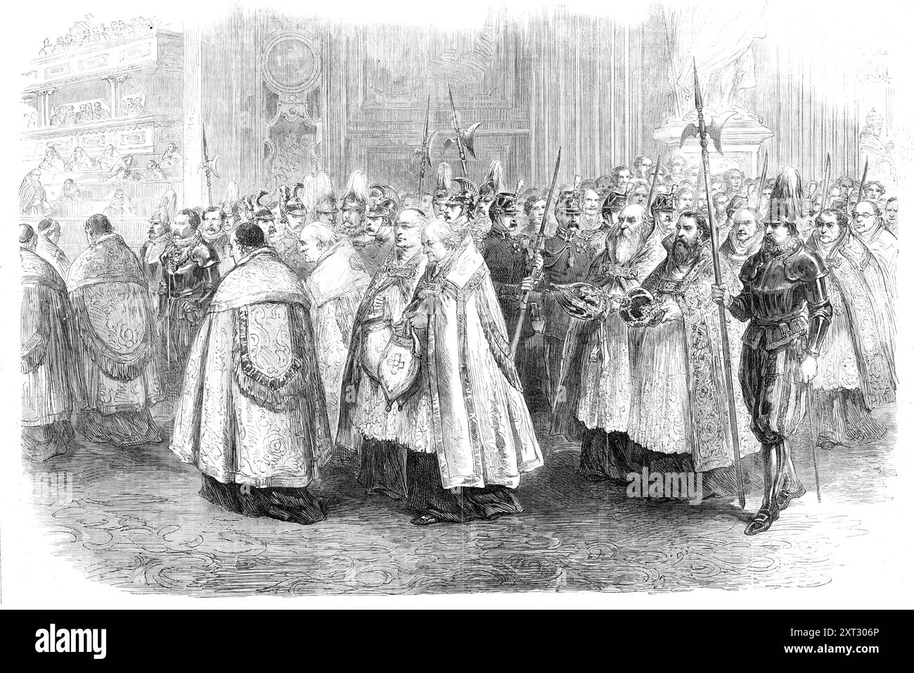 Conseil ecclésiastique à Rome : procession des évêques entrant dans la salle du conseil, 1870. '...les évêques en place Peter's le jour de l'ouverture...ils entrent dans la salle du Conseil, et les petits personnages au loin sont les évêques qui prennent place. La figure à droite est la vieille statue de Pierre, magnifiquement vêtue ; il y a une foule de figures derrière. On voit les pieds d'une grande statue de membre Longinus le martyr au-dessus d'eux. Tiré de "Illustrated London News", 1870. Banque D'Images Conseil ecclésiastique à Rome : procession des évêques entrant dans la salle du conseil, 1870. '...les évêques en place Peter's le jour de l'ouverture...ils entrent dans la salle du Conseil, et les petits personnages au loin sont les évêques qui prennent place. La figure à droite est la vieille statue de Pierre, magnifiquement vêtue ; il y a une foule de figures derrière. On voit les pieds d'une grande statue de membre Longinus le martyr au-dessus d'eux. Tiré de "Illustrated London News", 1870. Banque D'Images