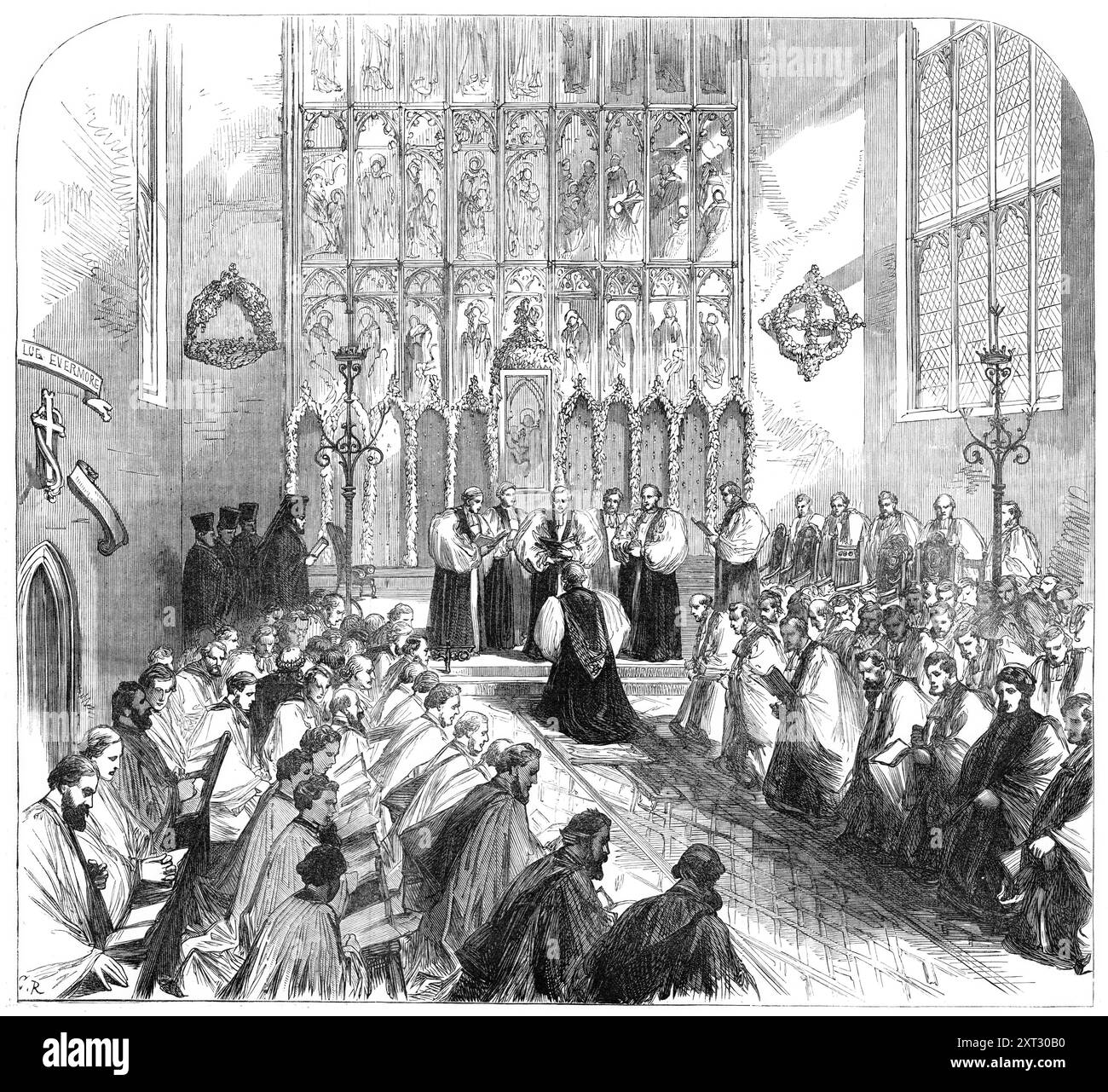 Consécration le Ven. Henry Mackenzie, D.D., évêque suffragant de Nottingham, 1870. 'La question, "qu'est-ce qu'un évêque suffragant?" A souvent été demandé dernièrement, et peut maintenant être pratiquement répondu, car le premier évêque de cette classe vient d'être consacré à Nottingham après un intervalle de 250 ans, le dernier de la série post-réforme ayant été Sterne, évêque suffragant de Colchester au début du XVIIe siècle...[le service a eu lieu] dans l'église de nombreuses Marie...[qui] a été décorée pour l'occasion. Le mur derrière la table de communion était recouvert de Li Banque D'Images