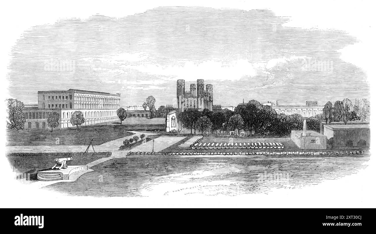 Fort Church et South Barracks, Calcutta, 1870. Les Britanniques en Inde. Gravure de '...l'église de Saint-Pierre, qui est très central. L'intérieur se compose d'une nef et de deux allées latérales. À l'autel, il y a une belle représentation de la Cène en bas-relief, surmontée d'un beau vitrail. L'église est très joliment peinte et décorée. La caserne Sud, à droite de la vue, est la demeure des épouses et des familles des soldats mariés stationnés dans le fort ; et un excellent hébergement qu'ils se permettent. La caserne Dalhousie, la plus belle du fort, Banque D'Images