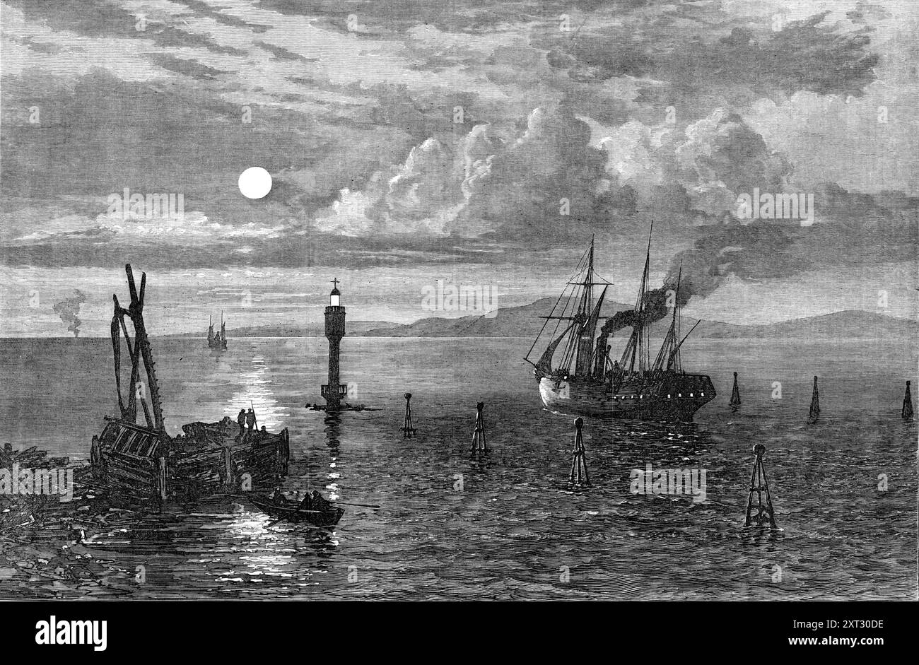 Les lacs amers, canal de Suez, 1870. «Une mer intérieure s'étend désormais aussi loin que l'œil peut l'atteindre ; de grands bateaux à vapeur passent au-dessus d'elle avec des vis ou des pales, ou des voiliers avec des toiles étendues à la brise; les phares se dressent comme des "lampes merveilleuses", érigées là pour guider le marin, et des balises en fer sont placées en rangées pour indiquer le canal de sécurité. La transformation est si complète, du désert desséché et sablonneux, à la vue d'une mer liquide, fraîche et bleue, apparemment s'étendant au-delà de l'horizon, que si les vieux magiciens n'ont pas été au travail, on sent qu'il doit y avoir eu Banque D'Images