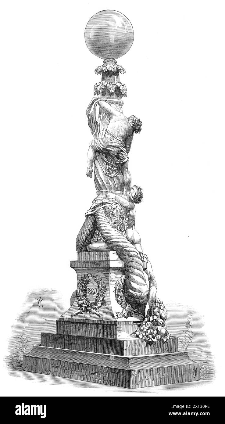 Lampe sur le quai de la Tamise, 1870. Illustration d'une lampe ornementale '...étalon,...[récemment] érigée sur la Thames Embankment Terrace [à Londres], montrant le design artistique, qui a un effet élégant, et est une œuvre intéressante de sculpture. Les garçons grimpant sur le puits, l'un remettant la torche à l'autre, avec laquelle allumer la lumière dans le globe de verre au-dessus, forment une jolie composition. Les cornucopias, versant leurs dons d'abondance, peuvent être typiques de la récompense de l'industrie commerciale britannique, comme affiché sur les rives de la Tamise ; tandis qu'un autre dispositif sur l'un des panneaux Banque D'Images
