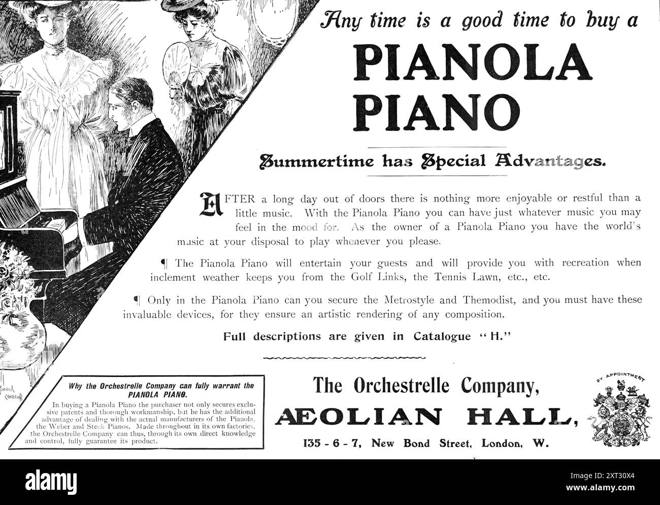 N'importe quand est un bon moment pour acheter un Pianola Piano, 1909. 'Summertime a des avantages particuliers. APRÈS une longue journée à l'extérieur, il n'y a rien de plus agréable ou reposant qu'un peu de musique. Avec le Pianola Piano, vous pouvez avoir n'importe quelle musique que vous pouvez sentir dans l'humeur pour. En tant que propriétaire d'un Pianola Piano, vous avez la musique du monde à votre disposition pour jouer quand vous le souhaitez. Le Pianola Piano divertira vos invités et vous fournira des loisirs lorsque le mauvais temps vous empêche de la Golf Links, la pelouse de tennis, etc., etc Seulement dans le Pianola Piano vous pouvez sécuriser le Metrostyle et T. Banque D'Images