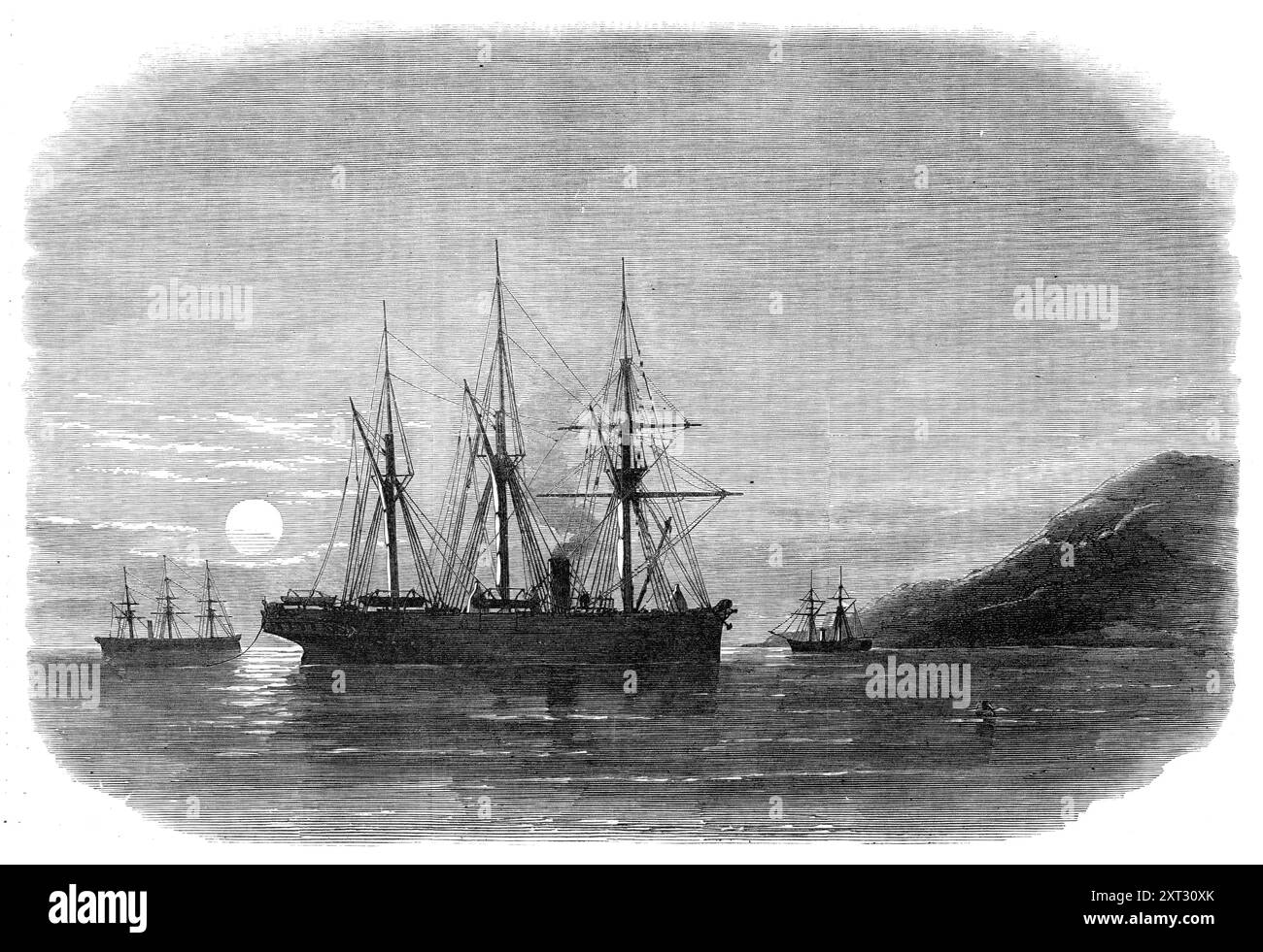 Pose du télégraphe sous-marin entre Malte et Gibraltar, au large de l'île de Pantellaria, 1870. « La pose de [cette section du télégraphe sous-marin anglo-indien], qui doit être transportée à travers le golfe de Gascogne du Portugal aux Cornouailles, a été accomplie avec succès il y a deux ou trois semaines. Les vapeur à vis chargées de ce service, le Scanderia et l'Edimbourg,... ont rencontré H.M.S. Newport... au large de la petite île de Pantellaria, à mi-chemin entre la Sicile et Tunis, rencontre qui fait l'objet de notre illustration. Le Newport, un navire arpenteur de l'Amirauté, leur a alors montré le chemin à travers le na Banque D'Images