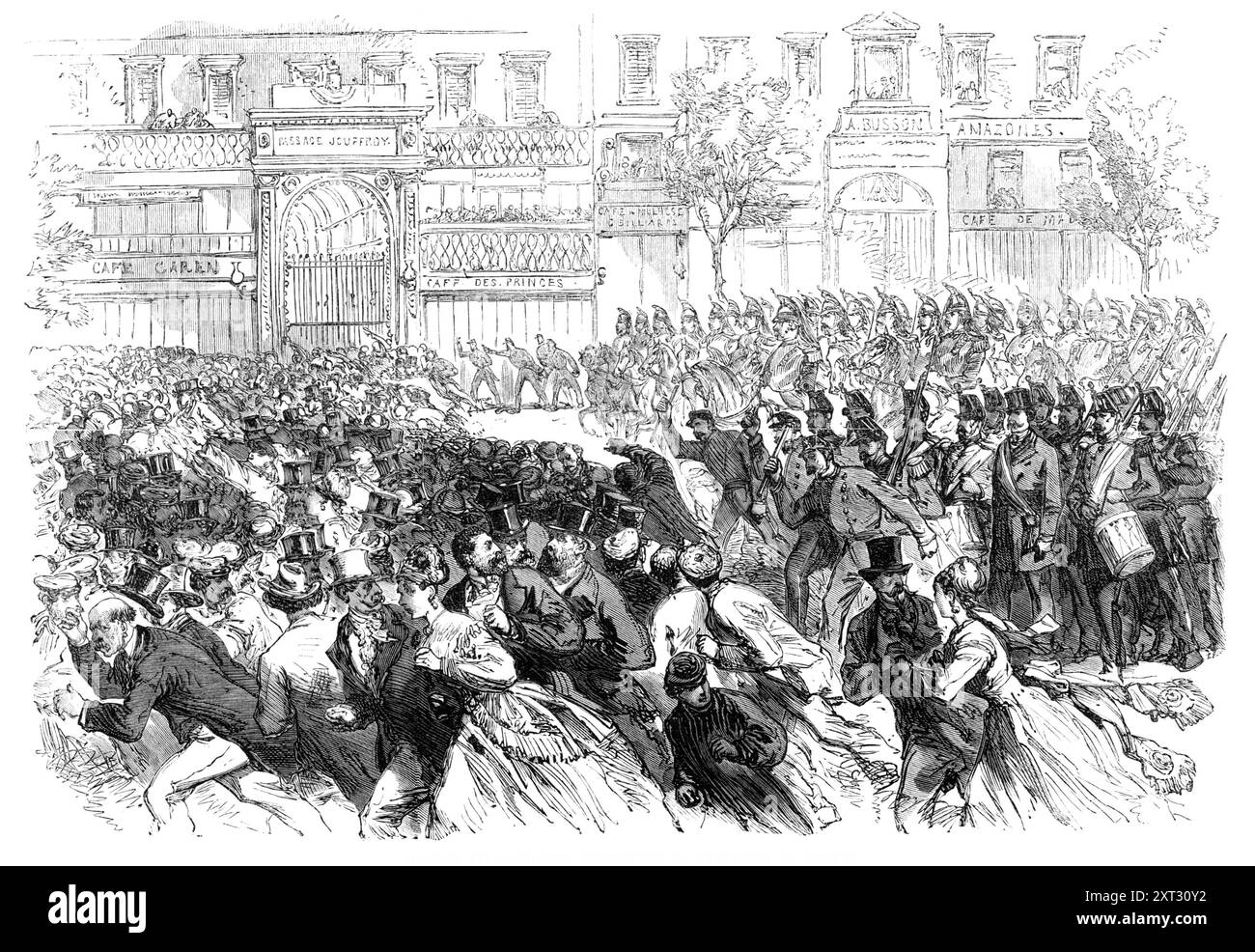 Les troubles à Paris : cavalerie dégageant les boulevards dans la nuit du 10 juin 1869. « Il y a eu des turbulences inhabituelles à Paris,... en conséquence, semble-t-il, de l'excitation suscitée par les élections tardives. Les émeutes de rue, répétées pendant plusieurs nuits successives, ne peuvent jamais être considérées par aucun gouvernement comme dépourvues de signification indésirable...[il y a eu] de nombreuses arrestations, quelques escarmouches avec la police municipale, mais plus encore, une démonstration finale de force militaire, et un subterfuge de tumulte et de désordre... la cavalerie a balayé les gens du boulevard le plus bondé Banque D'Images