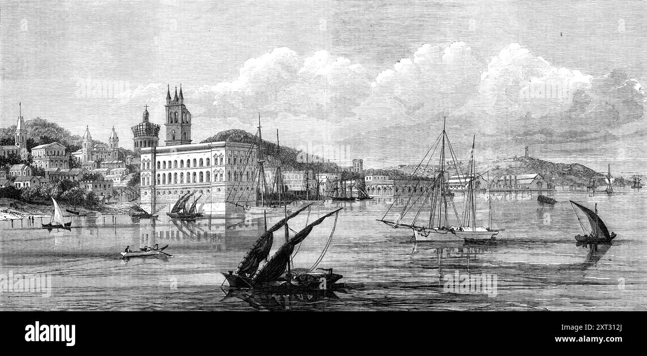 Asuncion, la capitale du Paraguay, 1870. Gravure d'un croquis de Sydney Smirke. 'Asuncion, qui tire son nom de l'Assomption de la Vierge Marie, est situé sur la rive gauche ou est du fleuve Paraguay... c'est une ville de 50 000 habitants... Mr. Smirke... parle en haute estime des améliorations commencées ici, sous l'administration despotique du président Lopez... c'est lui qui a introduit le premier chemin de fer dans cette partie du monde ; et il a construit l'arsenal le plus complet et les ateliers d'ingénierie en Amérique du Sud. Il avait également commencé un tramway dans les rues principales. Les deux Wor Banque D'Images