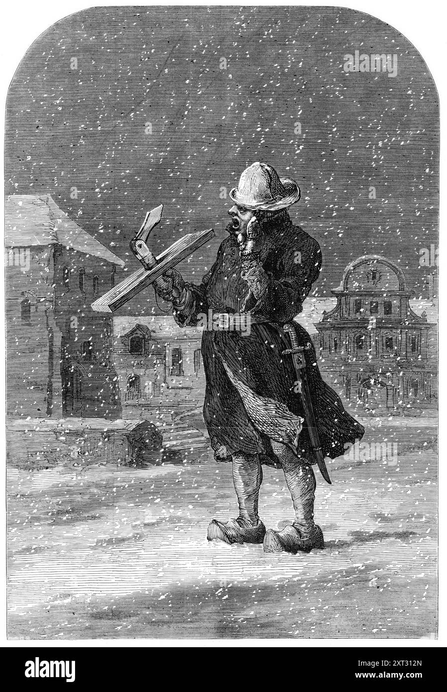 Un gardien néerlandais, 1870. Gravure d'un croquis de Mr. R. T. Pritchett. '...le gardien - ou clapet, comme on l'appelle, du battant de bois qu'il porte et utilise si impitoyablement dans ses rondes - n'est pas une relique du passé... mais un être véritable, qui marche sur la terre a.d. 1870, en compagnie de policiers, dans la bonne ville de Scheveningen, un lieu d'arrosage à la mode des pays-Bas. De onze heures à sept heures du matin, le claqueur est sur son rythme, rendant la nuit hideuse avec le clac de son battant en bois et son curieux cri de l'heure. S'il voit une fenêtre ouverte, il doit en informer le Banque D'Images