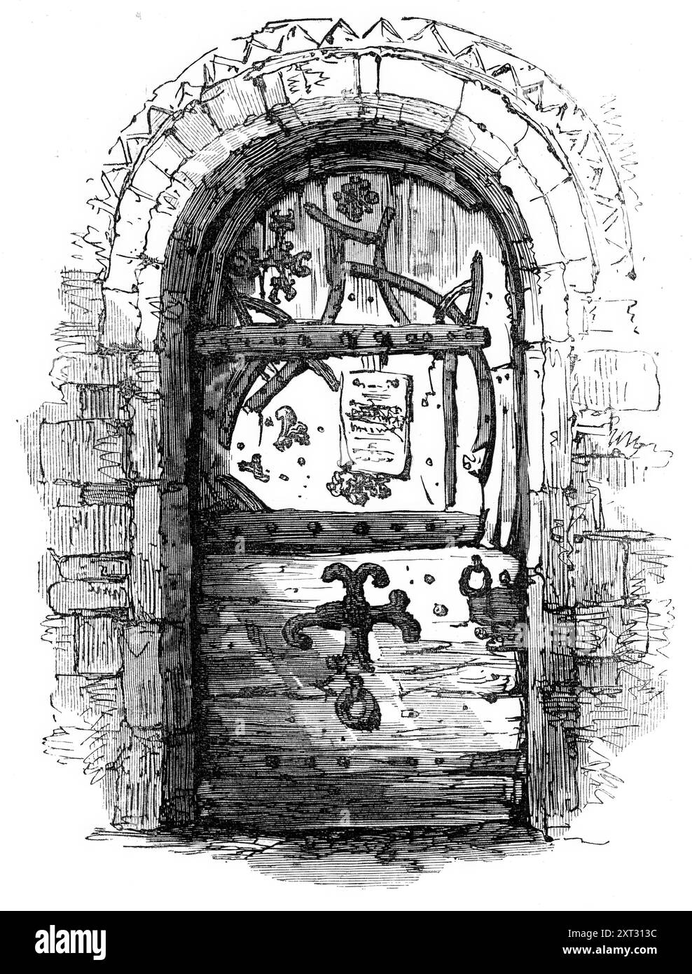 Porte, église Skipwith, 1870. Yorkshire du Nord. En 1877, la porte sud de l'église Sainte-Hélène a été remplacée mais a réutilisé sa ferronnerie originale du XIIIe siècle. Tiré de "Illustrated London News, 1870. Banque D'Images
