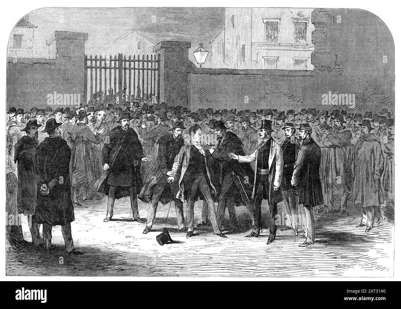 Les troubles à Paris : arrestation de M. Rochefort, 1870. «C'est à huit heures et demie que M. Rochefort a été arrêté, alors qu'il s'apprêtait à assister à la réunion publique qui devait se tenir dans la rue de Flandres, dans la première circonscription électorale, dans la salle de la Marseillaise. Il n'a fait aucune résistance et a été emmené à la prison de la Pélagie. Tiré de "Illustrated London News", 1870. Banque D'Images