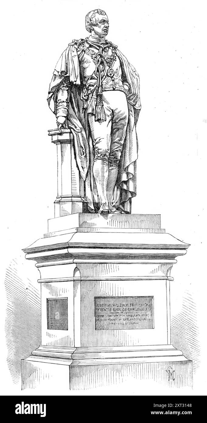 Statue du défunt comte de Carlisle, dans le jardin du peuple, Phoenix Park, Dublin, 1870. Le regretté comte de Carlisle, noble aimable et éclairé, qui était secrétaire en chef de l'Irlande (lorsque Lord Morpeth) de 1835 à 1841, et Lord Lieutenant d'Irlande de 1855 à 1864, sauf pendant la courte période du ministère de Lord Derby en 1858, était à juste titre aimé dans ce pays. Une statue en bronze de lui, par Mr. Foley, R.A., a été érigée dans le People's Garden, Phoenix Park, Dublin - un lieu de loisirs publics que Lord Carlisle a principalement aidé à fournir. La statue a été découverte, witho Banque D'Images