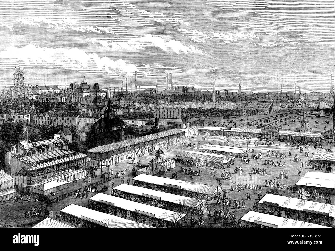 Réunion de la Royal Agricultural Society à Wolverhampton, 1871. 'La réunion annuelle... de la Royal Agricultural Society of England, a eu lieu cette année à Wolverhampton... nous donnons une vue de la ville et le terrain occupé par la société pour le show-yard. C'était sur le circuit. L'étendue des hangars et des enclos, répartis en de nombreuses lignes, était globalement d'environ trois milles. Il y avait 363 stands pour les instruments agricoles et les autres articles exposés ; tandis que le salon du bétail comptait 400 taureaux, bœufs et vaches ; 250 chevaux et 600 moutons et porcs. Les essais des moteurs de traction et Banque D'Images