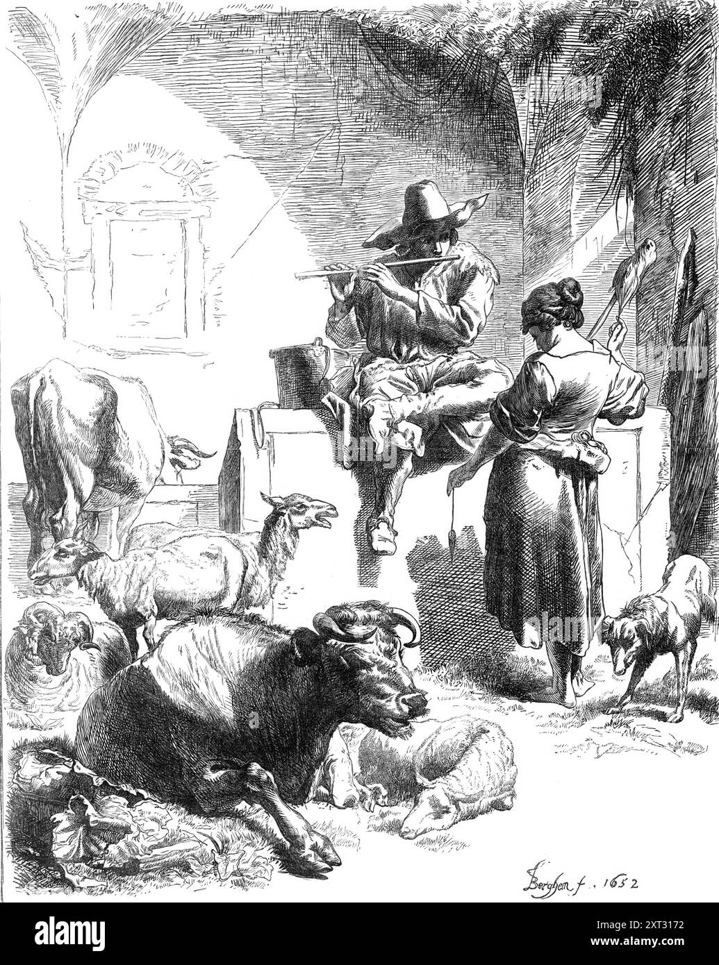 "Berger assis à une fontaine", fac-similé d'une gravure de Berghem, 1870. « Pour les admirateurs des paysages de Nicholas Berghem, &amp;c., à l'huile, qui ne connaissent peut-être pas ses gravures, la maîtrise par le peintre des outils de la gravure peut être une surprise. Les caractéristiques de ses tableaux seront cependant facilement reconnues dans la gravure fine que nous reproduisons par un parent intermédiaire Il y a la même introduction heureuse de figures et d'animaux appropriés ; il y a le même sens indéfectible de l'imitation dans la disposition de ces figures et animaux par rapport à l'autre portio Banque D'Images