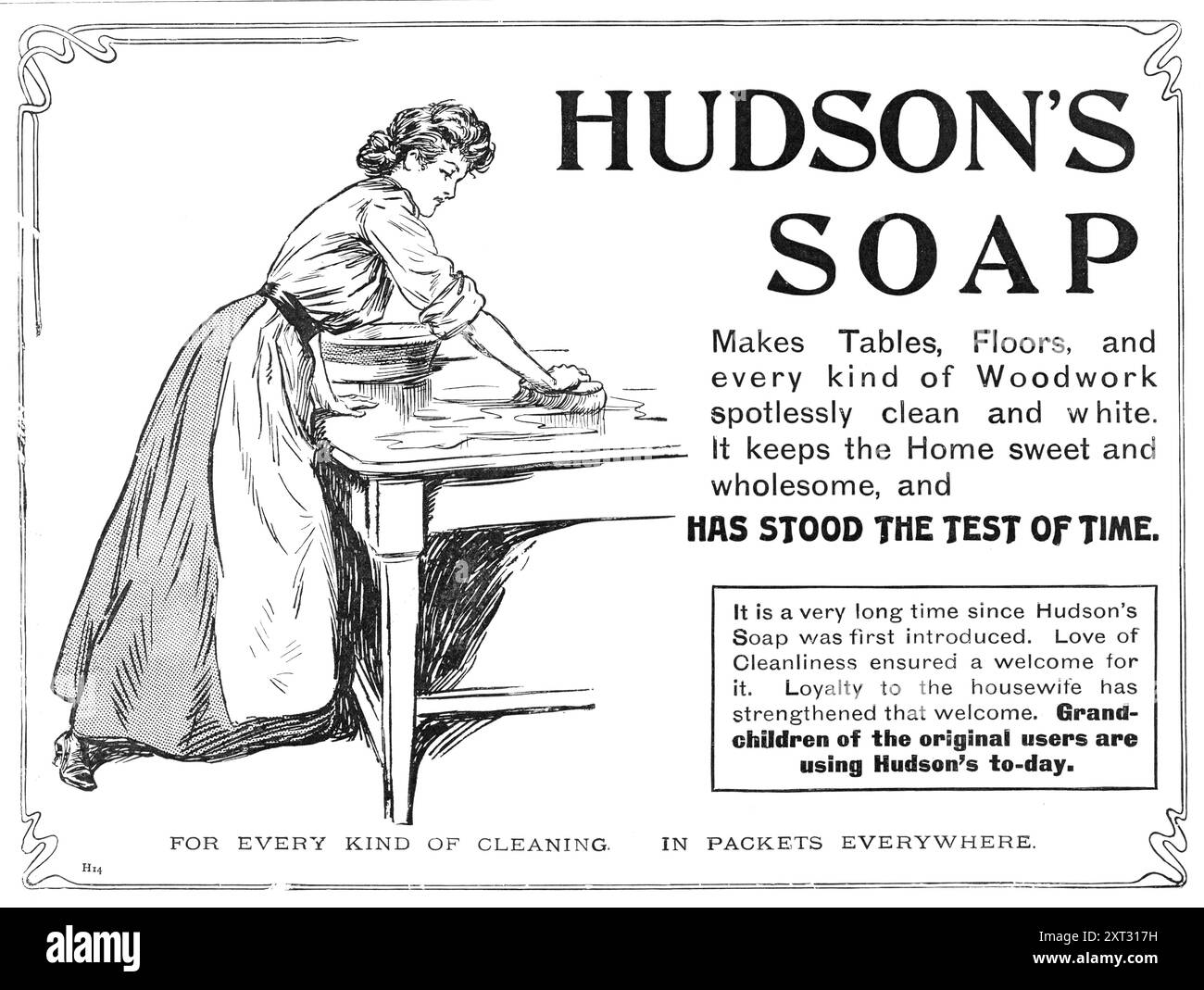 Hudson's soap:...a résisté à l'épreuve du temps, 1909. « Rend les tables, les planchers et tous les types de boiseries impeccablement propres et blanches. Il garde la maison douce et saine, et A RÉSISTÉ À L'ÉPREUVE DU TEMPS. Il y a très longtemps que le savon de Hudson a été introduit pour la première fois. L'amour de la propreté assurait un accueil pour elle. La loyauté envers la femme au foyer a renforcé cet accueil. Les petits-enfants des utilisateurs originaux utilisent aujourd'hui Hudson. POUR CHAQUE TYPE DE NETTOYAGE. EN PAQUETS PARTOUT'. Tiré de "Illustrated London News", 1909. Banque D'Images