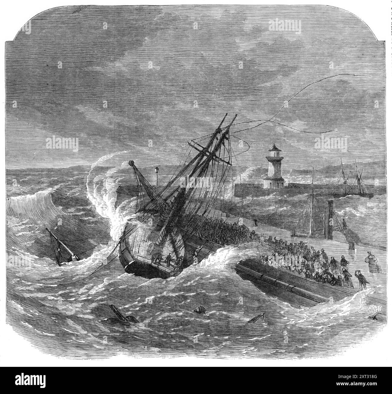 Épave du Rapido, une goélette portugaise, sur la jetée de Ramsgate, 1870. «La goélette portugaise Rapido (en ballast), pour Cardiff, pour les charbons, en faisant l'embouchure du port de Ramsgate, le matin du 30 décembre, est entrée en contact avec la tête de la jetée est, ce qui a complètement tourné son tour dans le virage de la jetée, un endroit très dangereux, où beaucoup d'un marin malheureux a rencontré sa mort. Moins de vingt minutes après que le navire eut heurté le navire, il était devenu une épave totale. La scène sur la tête de la jetée était une d'excitation intense ; car, comme chaque mer lavait le navire de la tige à la poupe, et comme Banque D'Images