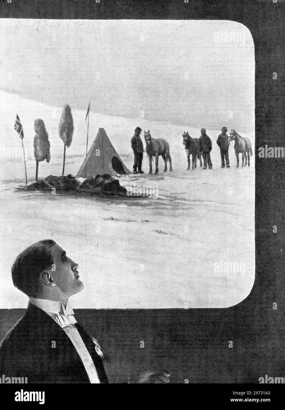 Pouvoir et viande : poneys sur lesquels vivait le parti le plus au Sud. « À cette époque, il ne restait que trois poneys » : le lieutenant Shackleton donnait sa conférence devant la Royal Geographical Society, à l'Albert Hall, en 1909. 'La conférence a été illustrée au moyen de nombreuses lanternes-toboggans. En ce qui concerne le sujet montré à l'écran dans notre illustration, on peut rappeler que dans son télégramme au "mail", le lieutenant Shackleton, écrivant les mouvements du parti le plus au Sud, a dit: "Le "Parti du Sud"...avec quatre poneys...a quitté Cape Royd le 29 octobre 1908...le po Banque D'Images