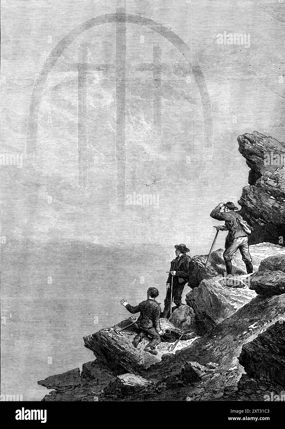 Le Fog-Bow, vu du Cervin, 1871. Gravure de '...Mr. Le nouveau livre d'Edward Whymper, "Scrambles Among the Alps", [d'] un phénomène optique et atmosphérique rare...Mr. F. G. Smith, du bureau des chèques de la Banque d'Angleterre, nous informe de ce qu'il a vu le 25 août 18G2, lors d'une promenade de Kandersteg à Murren, par les cols de Dundengrat et Furka. Il a été dépassé de nuit, et a dormi sur les rochers, à une hauteur de 8000 pieds. Se levant à l'aube, il continua son ascension jusqu'au sommet de la deuxième crête. Le soleil était sur le point de se lever au-dessus des sommets déchiquetés de l'Oberland. Il dit "I tur Banque D'Images