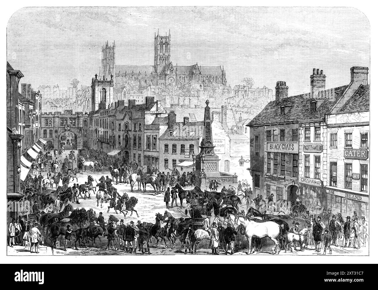 Lincoln Horse Fair, 1870. « La foire annuelle de Lincoln est fixée par l'ancienne charte pour commencer le mardi de la dernière semaine entière d'avril ; mais les affaires commencent généralement le lundi, ou même le samedi précédent. C'est plus particulièrement le cas avec la meilleure classe de chevaux proposés à la vente dans les écuries et les cours. L'approvisionnement à la fin de la foire n'était pas aussi important que dans les années précédentes, et consistait moins en chevaux élevés dans le Lincolnshire que de ceux qui étaient amenés de parties éloignées du Royaume par chemin de fer. Il y avait vingt chevaux prussiens, par des fils anglais ; mais la plupart de ceux qui clai Banque D'Images