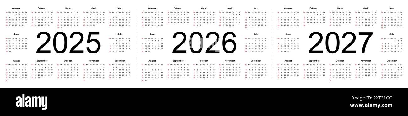 Calendriers vectoriels modifiables simples pour les années 2025, 2026, 2027. La semaine commence le dimanche. Illustration vectorielle isolée sur fond blanc. Illustration de Vecteur