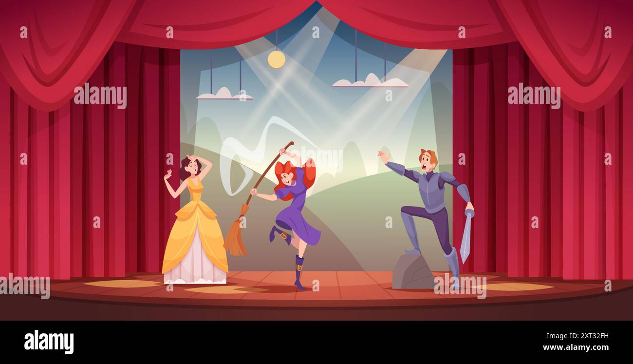 Scène de théâtre. Les personnages exécutants s'affichent sur le modèle vectoriel exact de la scène Illustration de Vecteur