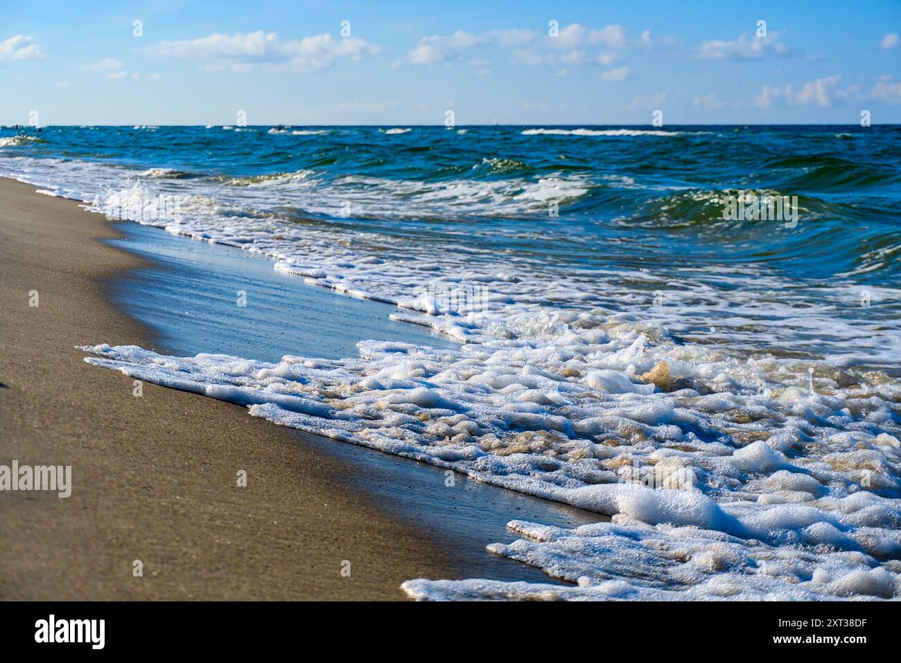 Les vagues de la mer Baltique atteignent doucement la rive sablonneuse de Jastarnia sur la péninsule de Hel sous un ciel dégagé. Banque D'Images