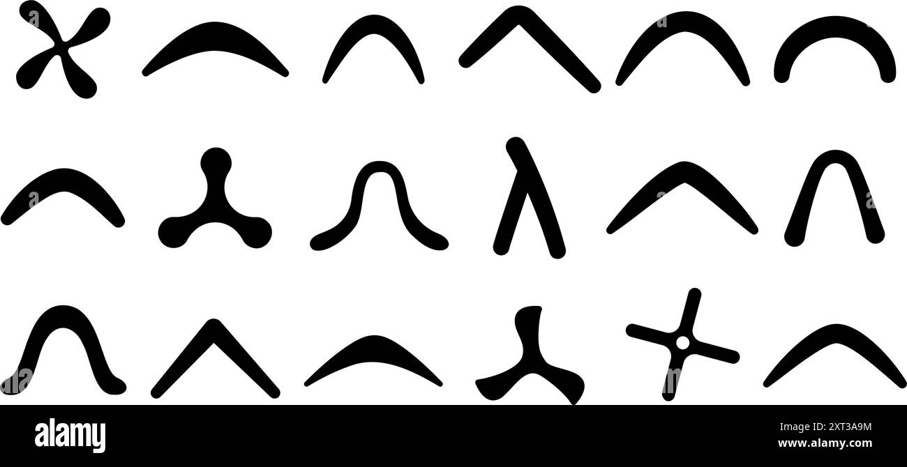 Silhouettes noires de boomerangs aborigènes. Armes ou équipements de sport australiens. Jouet boomerang pour enfants pour les jeux d'activités de plein air, de nos jours Illustration de Vecteur