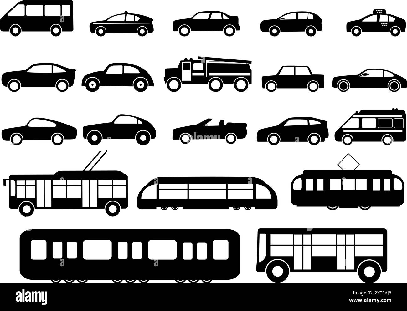 Icônes de transport noires. Gros ensemble de véhicules urbains noirs. Voitures trams silhouettes de train de bus. Voiture de pompier isolée, voitures de taxi ambulance de police, vecteur de nos jours Illustration de Vecteur