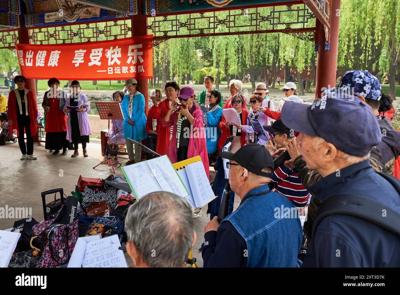 Groupe de personnes âgées retraitées chinoises jouant des instruments traditionnels chinois et chantant en choeur dans le parc de Pékin, capitale de la Chine le 22 A. Banque D'Images