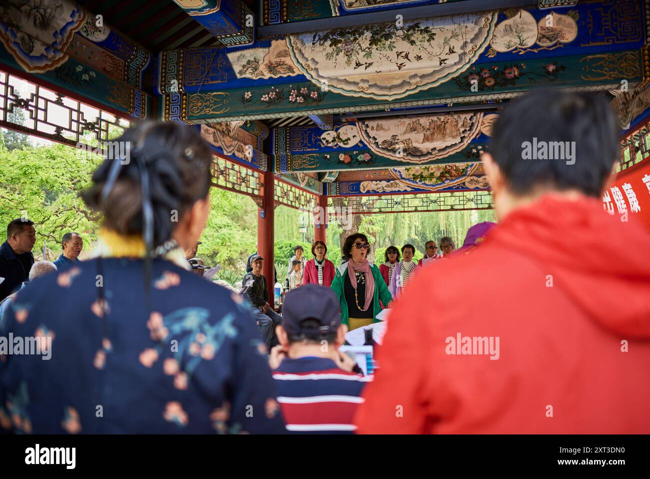 Groupe de personnes âgées retraitées chinoises jouant des instruments traditionnels chinois et chantant en choeur dans le parc de Pékin, capitale de la Chine le 22 A. Banque D'Images