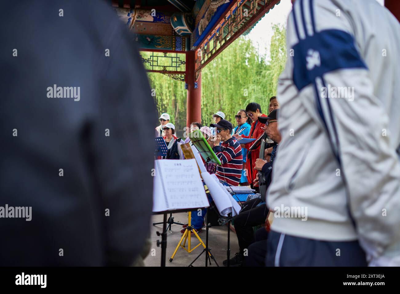 Groupe de personnes âgées retraitées chinoises jouant des instruments traditionnels chinois et chantant en choeur dans le parc de Pékin, capitale de la Chine le 22 A. Banque D'Images