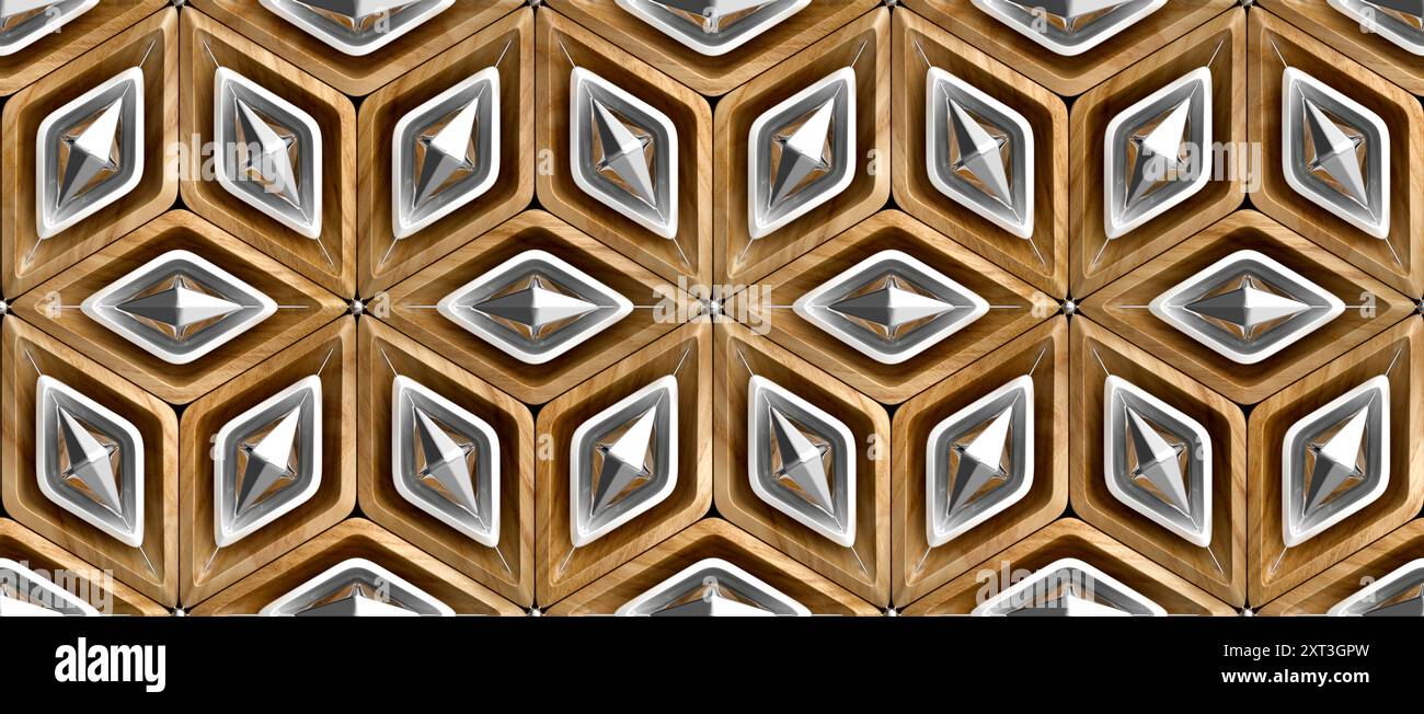 Cette image dispose d'un motif géométrique 3D sans couture, parfait pour les dessins de papier peint, composé de textures en bois et de détails métalliques polis créant Banque D'Images