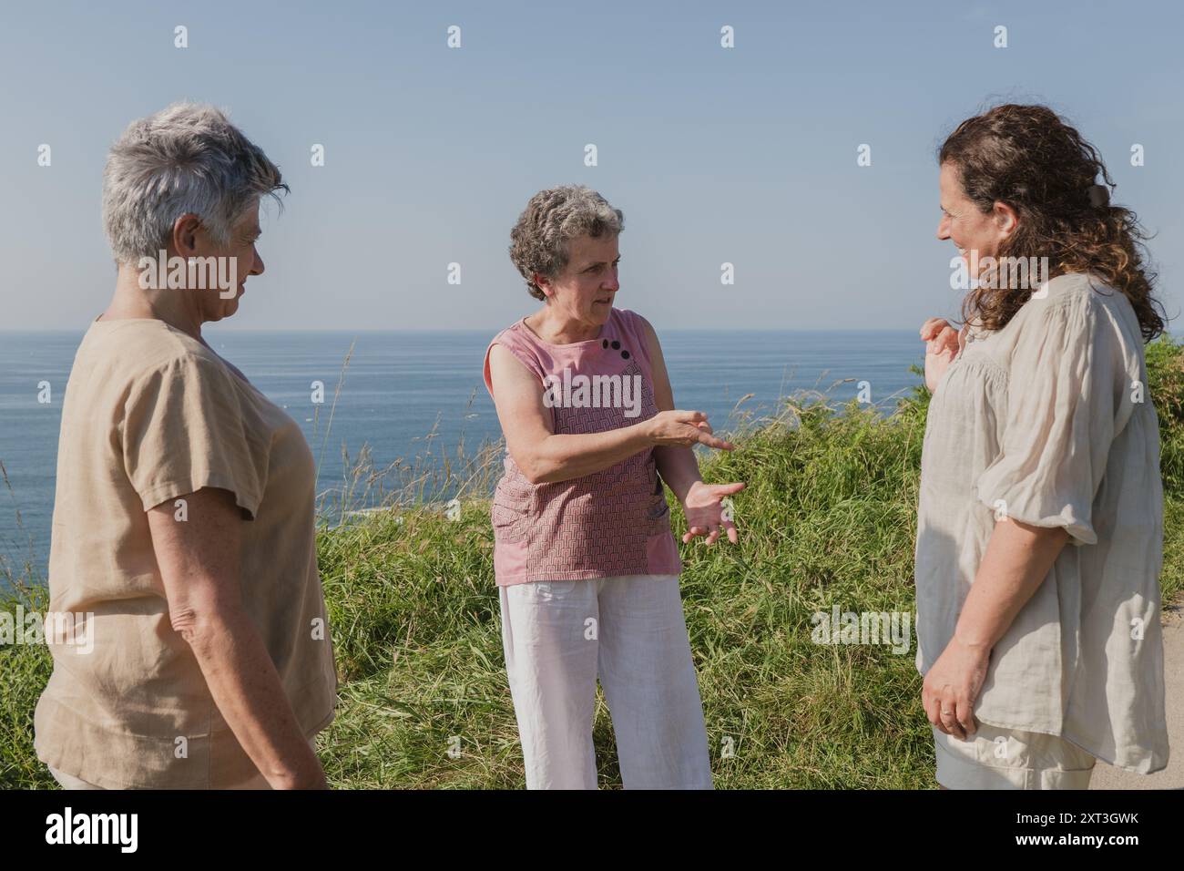 Trois femmes âgées participent à une discussion animée tout en se tenant debout dans une zone herbeuse côtière avec l'océan visible en arrière-plan. On utilise Sign lang Banque D'Images