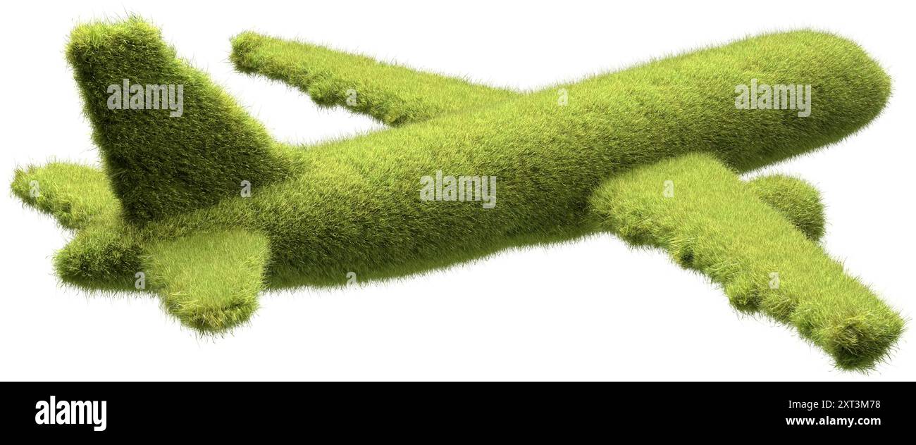 Un avion de passagers vert couvert d'herbe. Concept de voyage zéro émission ou faible émission avec des avions, neutralité carbone. Isolé sur pur Banque D'Images