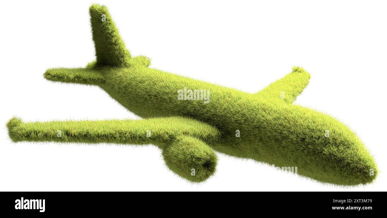 Un avion de passagers vert couvert d'herbe. Concept de voyage zéro émission ou faible émission avec des avions, neutralité carbone. Isolé sur pur Banque D'Images