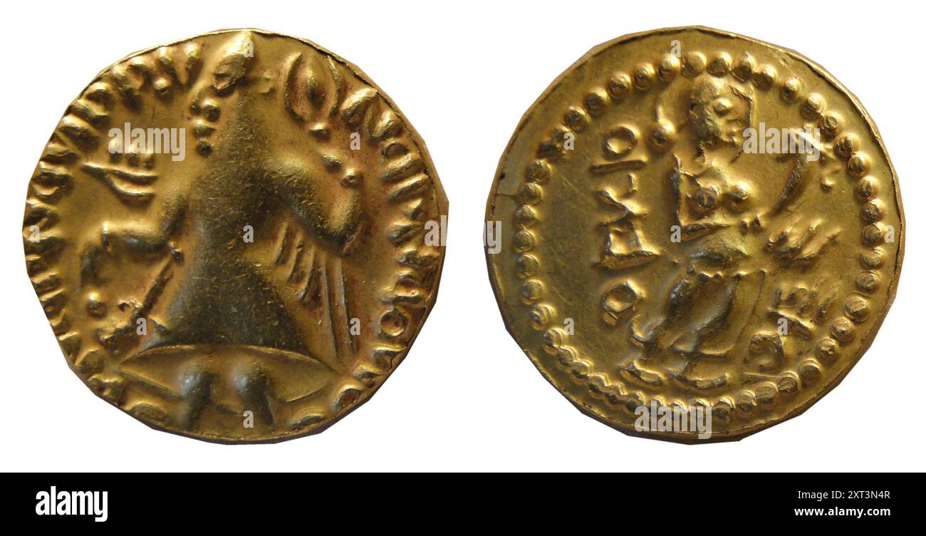 Imitation d'une pièce de monnaie Kushan de Samatata. Roi Kanishka (avers), déesse standin (revers), IIe-IIIe siècle. Trouvé dans la collection du British Museum. Banque D'Images