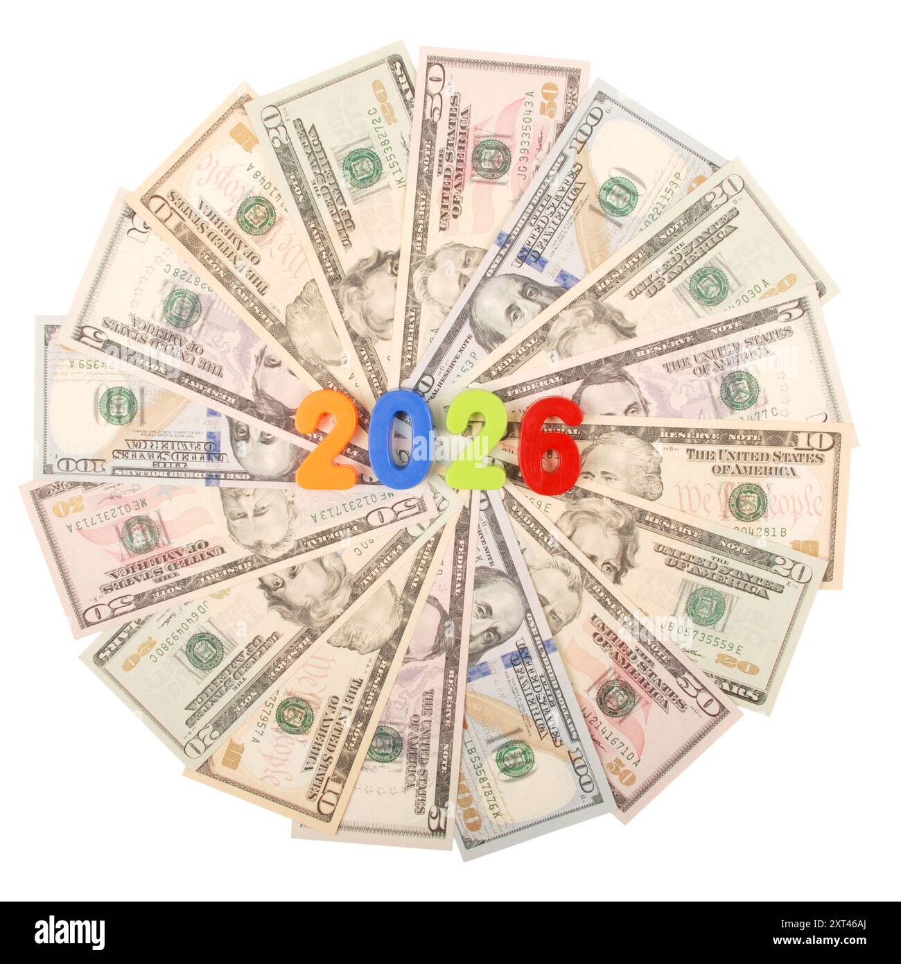 2026 nouvel an isolé sur fond blanc. Motif de trame de fond d'argent répéter le cercle de mandala. Banque D'Images