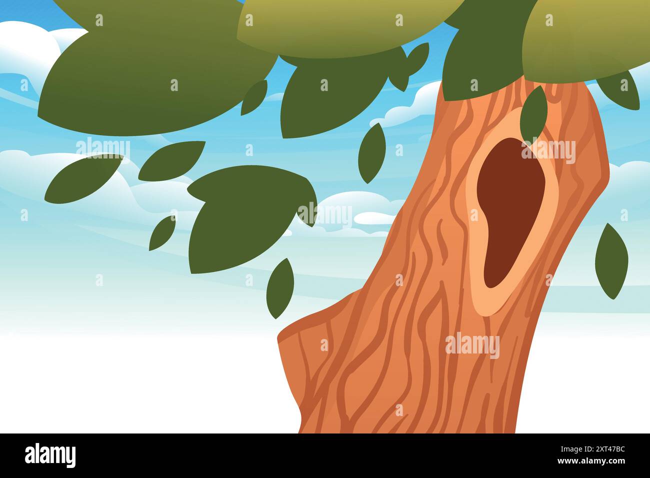 Paysage ensoleillé avec tronc d'arbre de premier plan et ciel bleu avec des nuages blancs. Arbre avec des feuilles vertes. Illustration vectorielle. Illustration de Vecteur