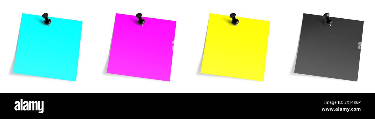 CMJN Stickie Note modèle vierge noir, cyan, jaune, magenta pour les mises en page de présentation et de conception. Rendu 3D. Image générée numériquement. Isolé o Banque D'Images