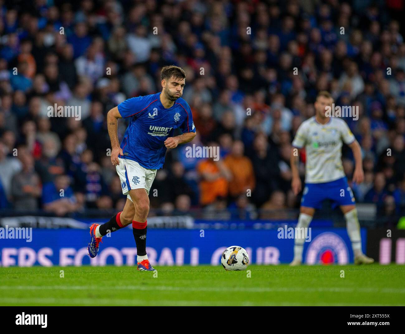 Hampden Park, Glasgow, Royaume-Uni. 13 août 2024. Champions League qualificatifs de football, second Leg, Rangers contre Dynamo Kyiv ; Robin Propper des Rangers sur le ballon crédit : action plus Sports/Alamy Live News Banque D'Images