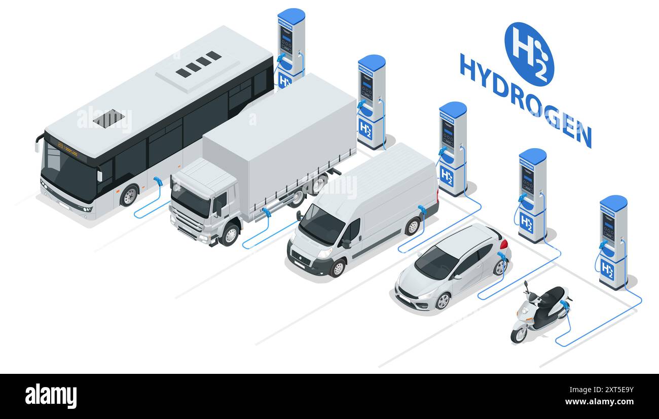 Station de recharge isométrique pour voiture de carburant hydrogène avec deux distributeurs pour véhicules H2. Transport alimenté par hydrogène. Énergie verte Illustration de Vecteur