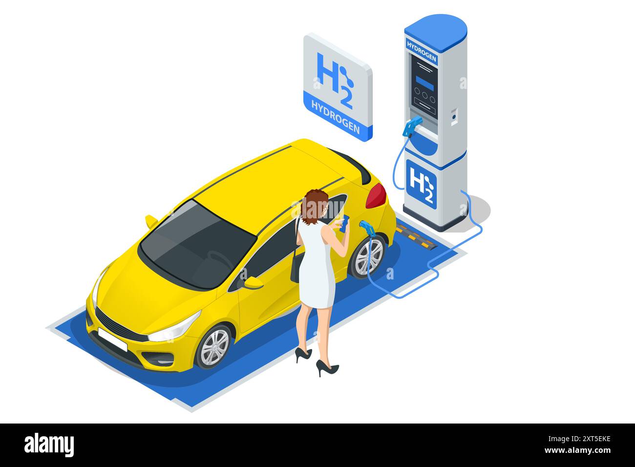 Station de recharge isométrique pour voiture de carburant hydrogène avec deux distributeurs pour véhicules H2. Transport alimenté par hydrogène. Énergie verte Illustration de Vecteur