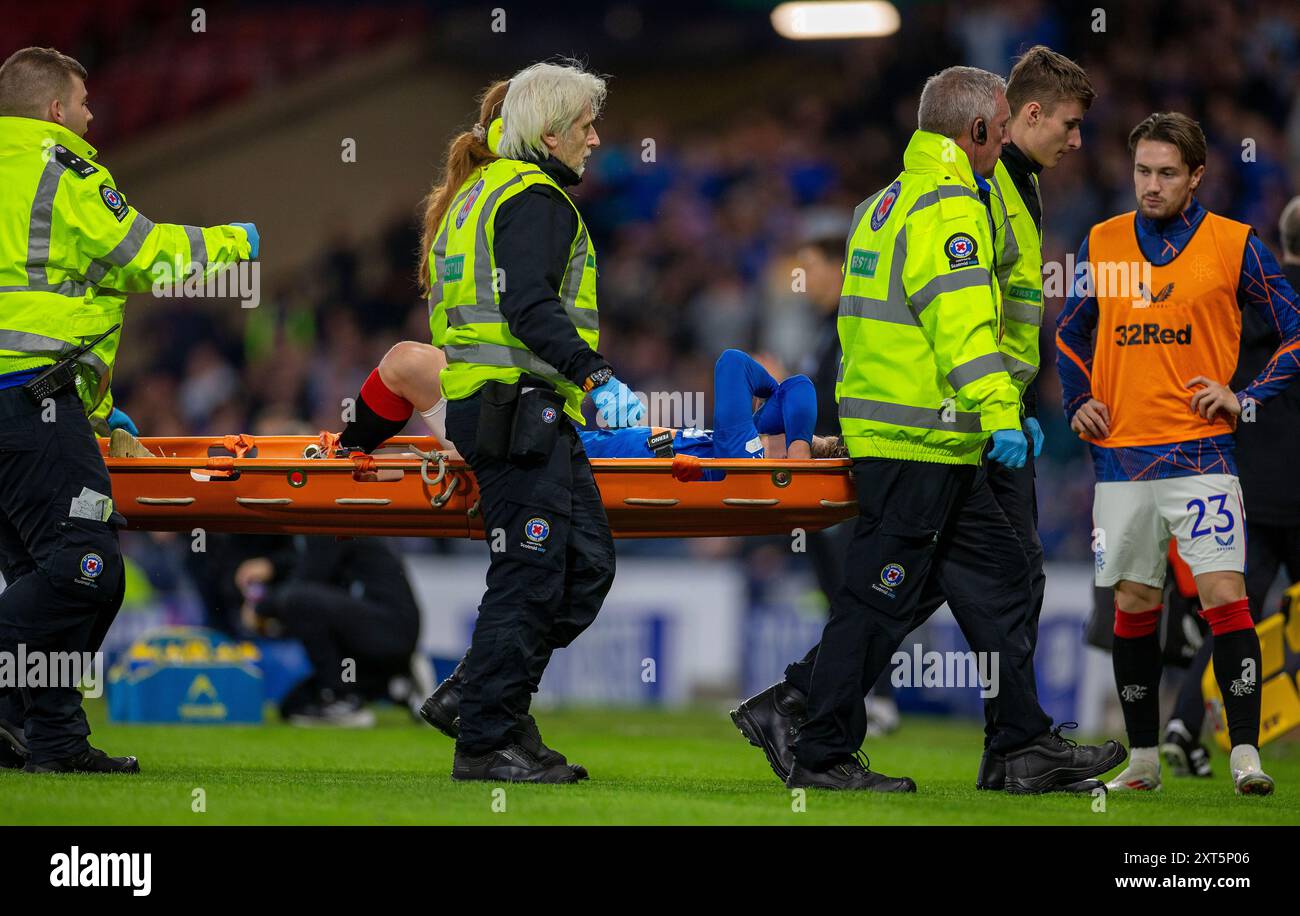 Hampden Park, Glasgow, Royaume-Uni. 13 août 2024. Champions League Qualifying Football, second Leg, Rangers contre Dynamo Kyiv ; Ridvan Yilmaz des Rangers couvre son visage alors qu'il est étiré sur Credit : action plus Sports/Alamy Live News Banque D'Images