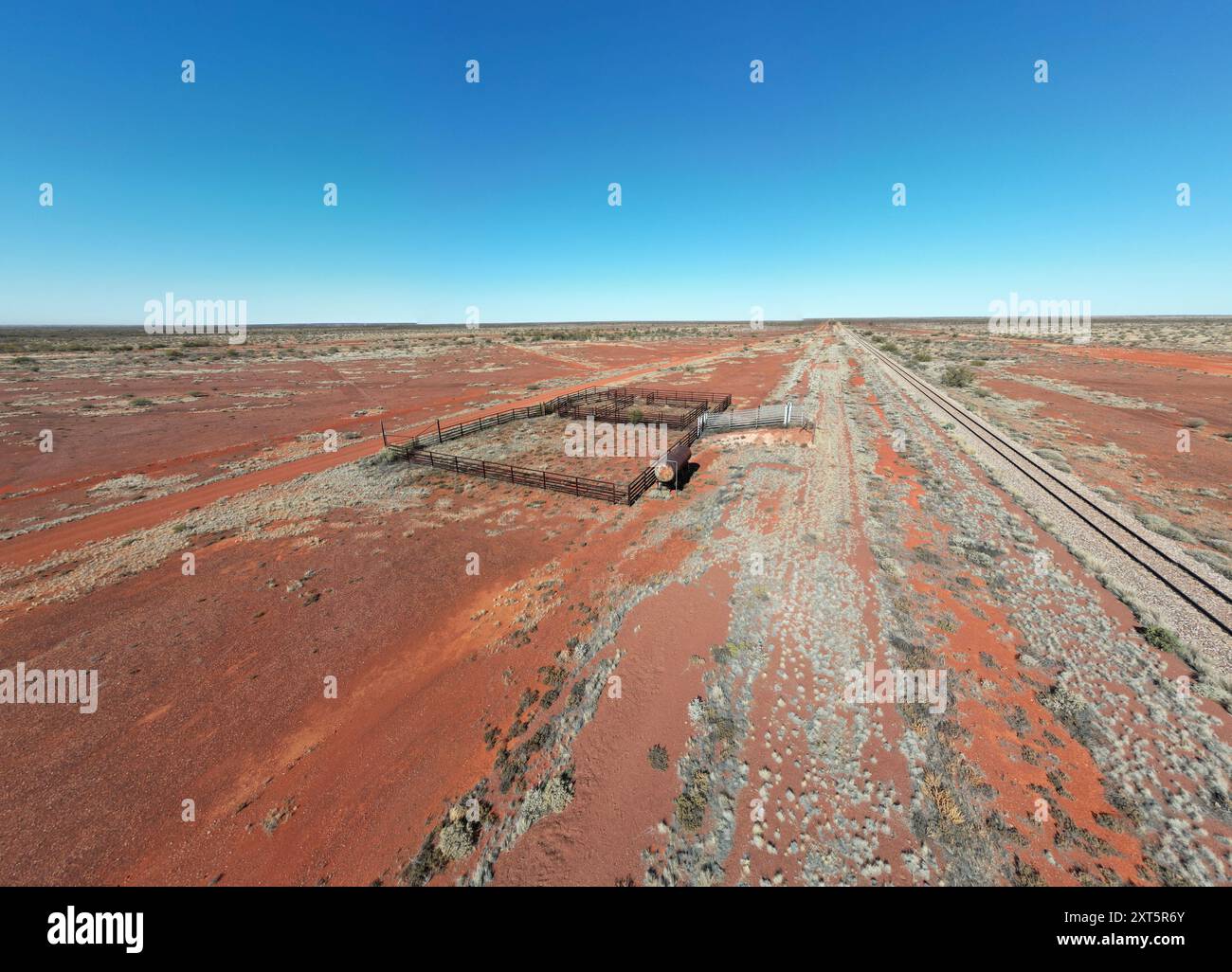 Parc de détention pour le bétail dans un pays de pâturage à côté d'une ligne de chemin de fer. Banque D'Images