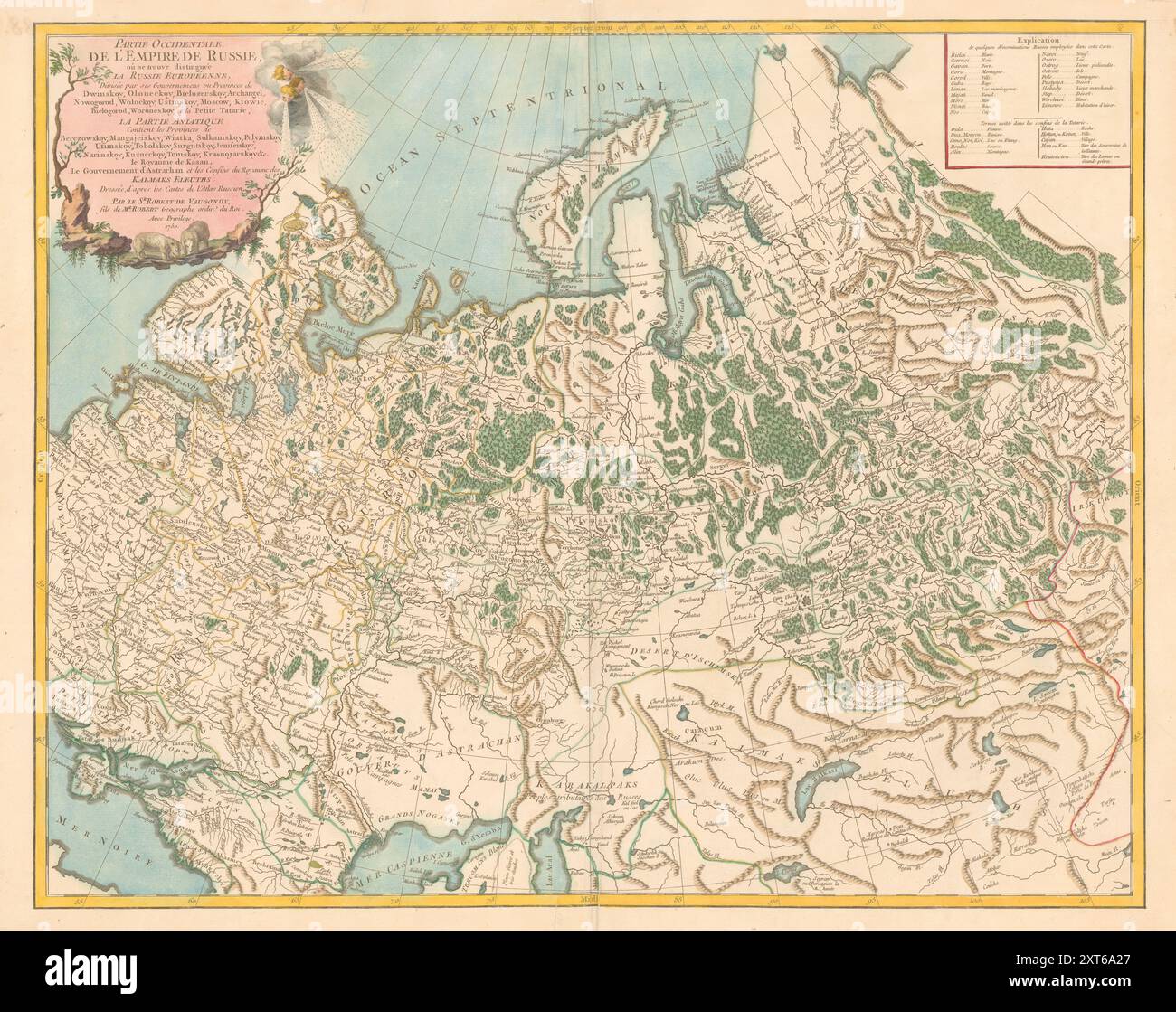 Carte illustrée vintage. Partie occidentale de l'Empire russe. Où la Russie européenne se distingue divisée par ses gouvernements ou provinces par Didier Robert de Vaugondy, 1750 Banque D'Images