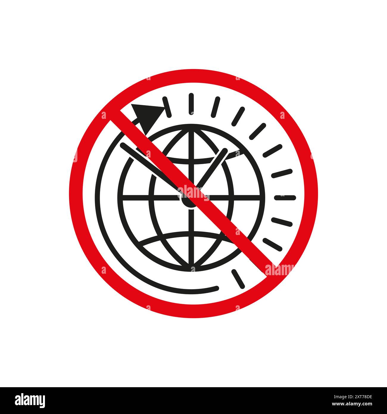 Aucune icône d'heure globale. Cercle rouge avec barre oblique sur le globe et l'horloge. Panneau d'interdiction. Illustration de Vecteur