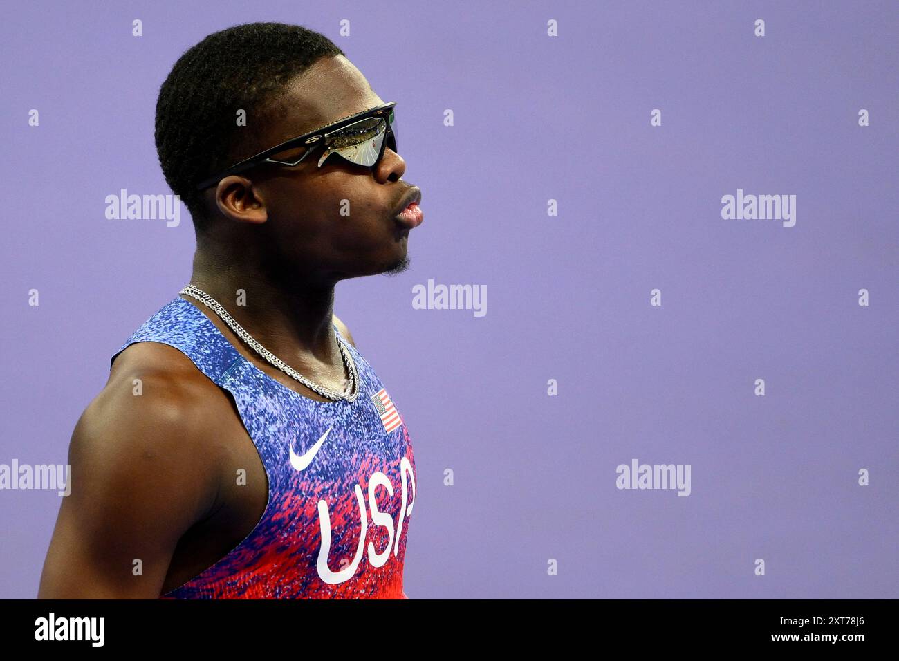 Christophe Bailey des États-Unis d'Amérique se prépare à participer à la finale du relais 4x400 m masculin lors des Jeux Olympiques de Paris 2024 au stade de France à Paris (France), le 10 août 2024. L'équipe des États-Unis d'Amérique s'est classée première en remportant la médaille d'or. Banque D'Images