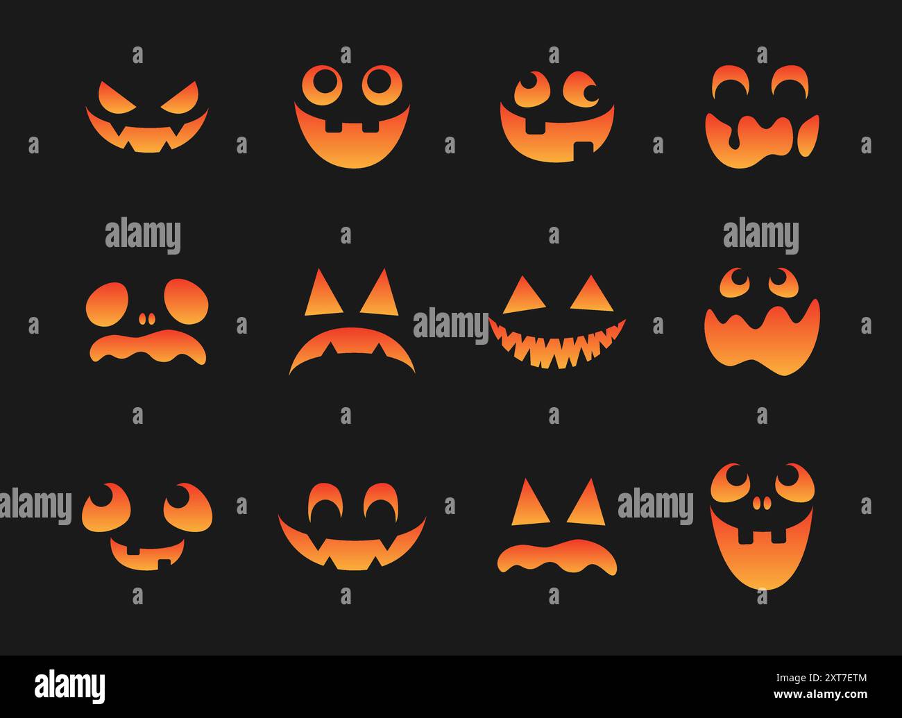 Ensemble visages de monstre effrayants. Jack O Lantern face Halloween Pumpkin Icon Collection. Illustration de Vecteur