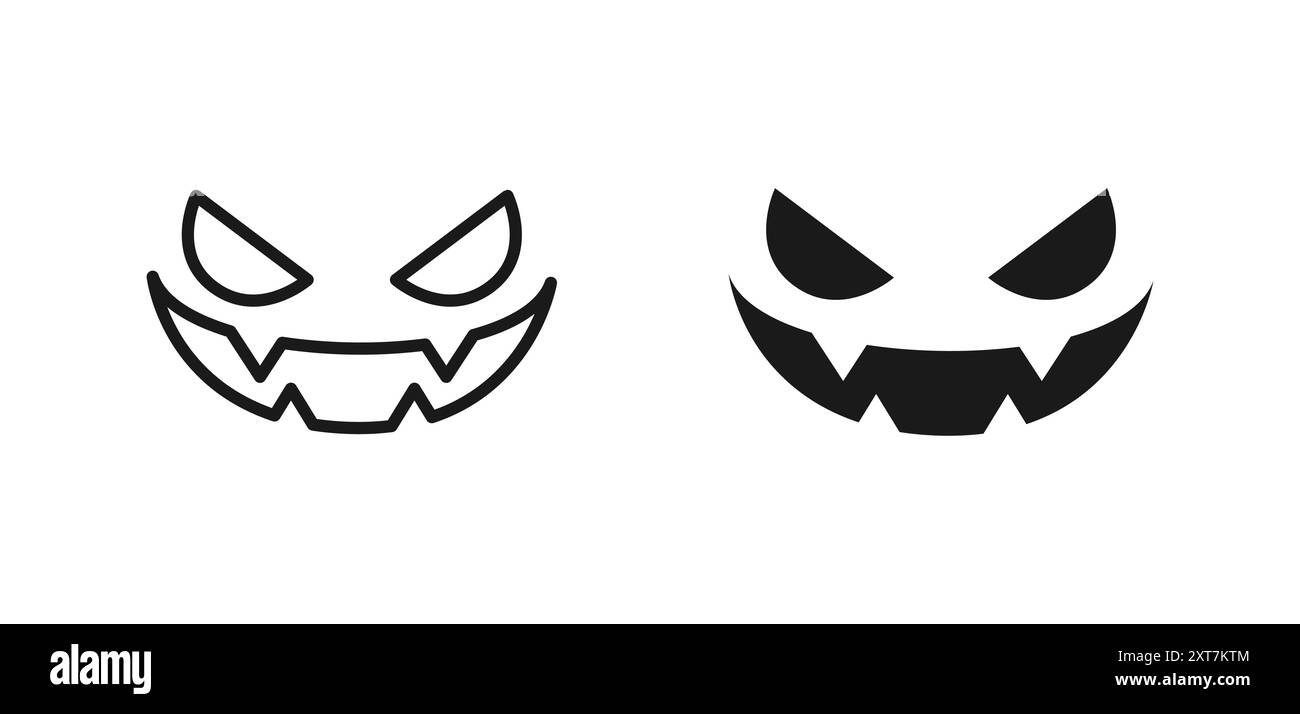 Visage de monstre d'Halloween, contour de visage de citrouille jack-o-lanterne et silhouette, octobre saison trick ou traiter fête effrayante clipart vecteur d'expression Illustration de Vecteur
