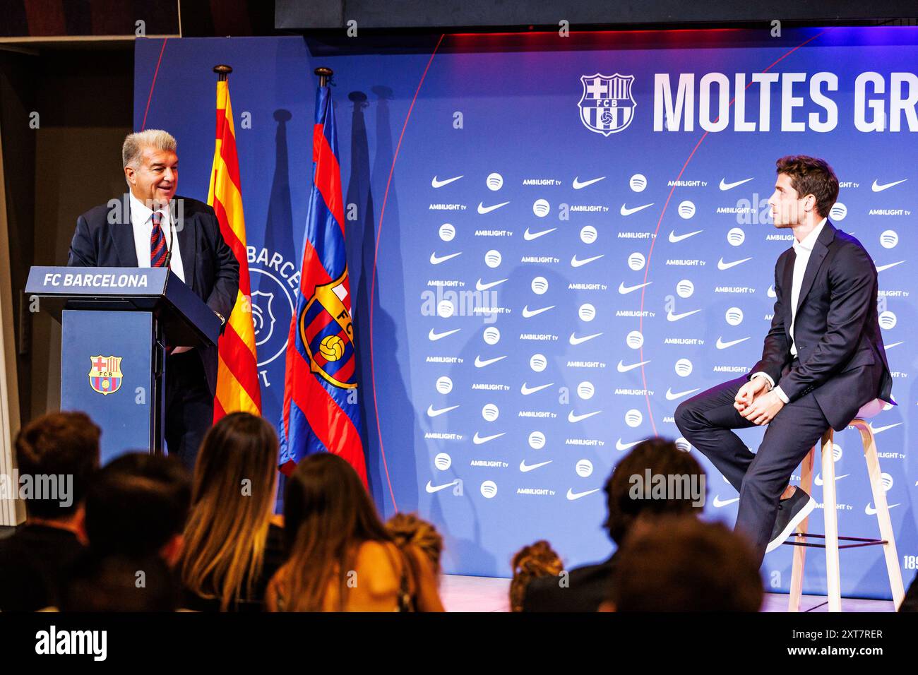 Joan Laporta, Président du FC Barcelone, conférence de presse de Sergi Roberto pour quitter le FC Barcelone le 13 août 2024 à Auditorio 1899 à Barcelone, Espagne Banque D'Images