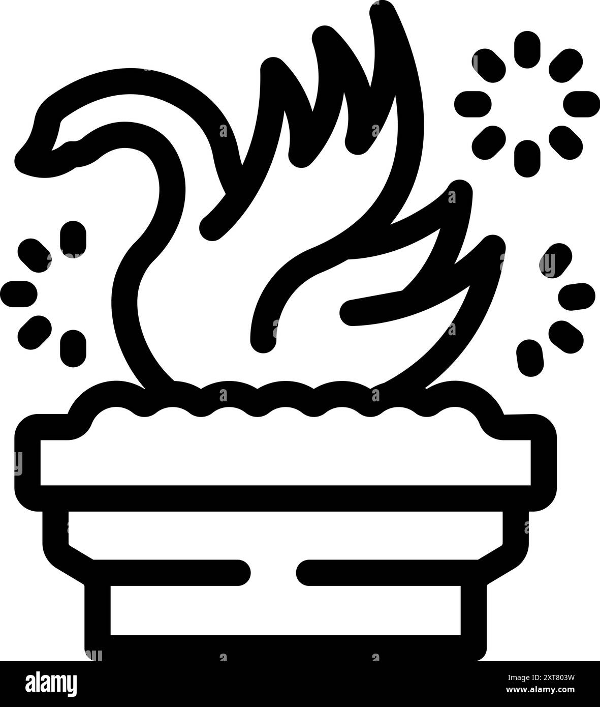 Icône d'art de ligne d'une fontaine de cygne jaillissant de l'eau avec des feux d'artifice explosant en arrière-plan Illustration de Vecteur