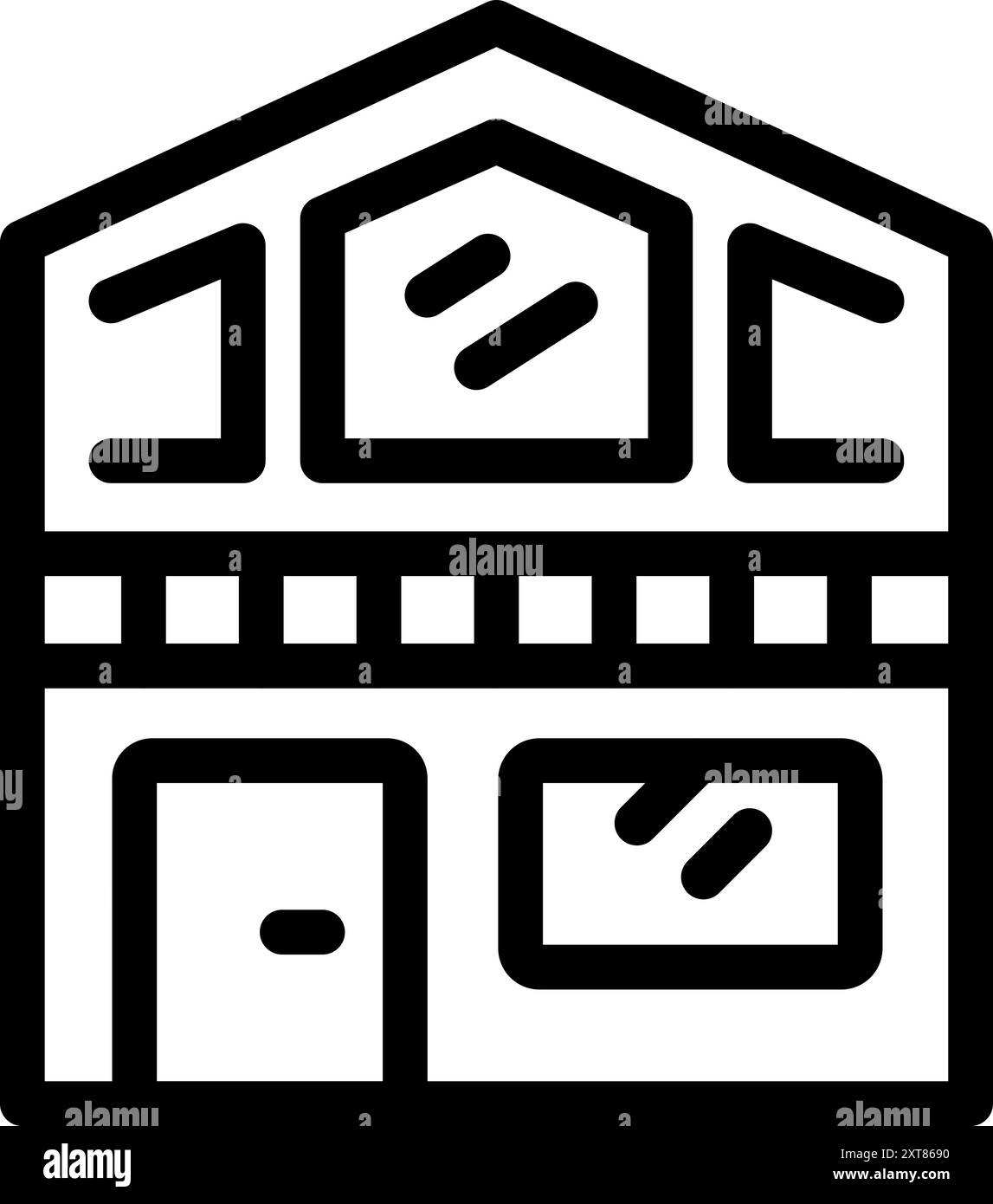 Simple icône d'art au trait d'une façade de bâtiment de deux étages avec de grandes fenêtres et une porte Illustration de Vecteur