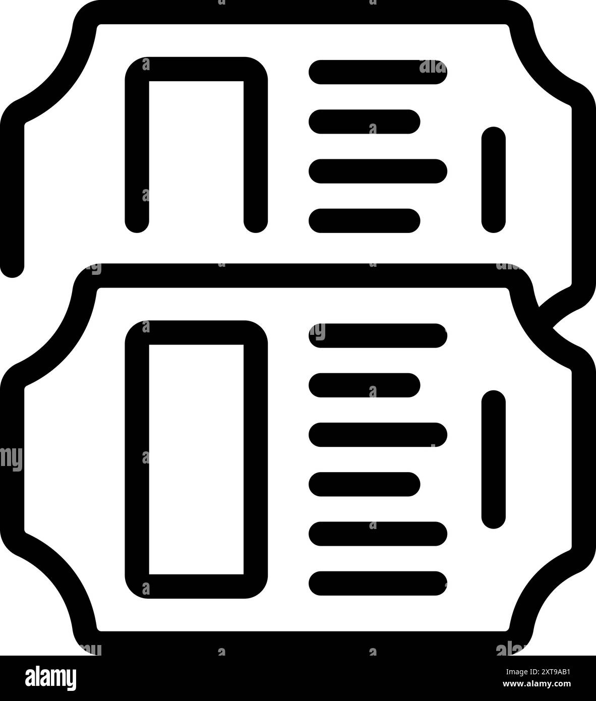 Icône vectorielle de ligne noire simple représentant deux billets pour un événement, un voyage ou un autre service nécessitant un droit d'entrée Illustration de Vecteur